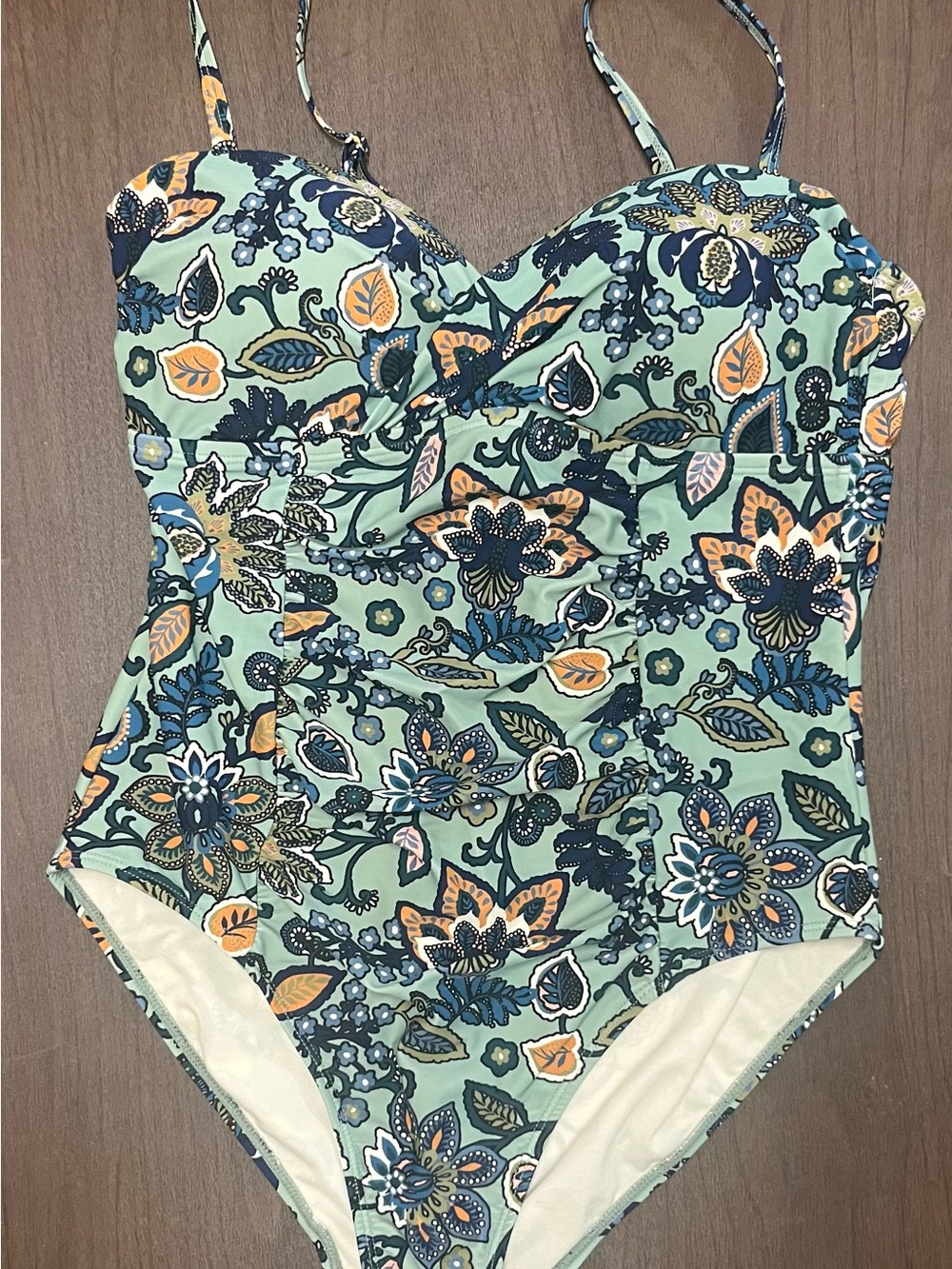Tahiti Mint Floral One-Piece Swimsuit with Floral Paisley Navy & Orange Sz L
